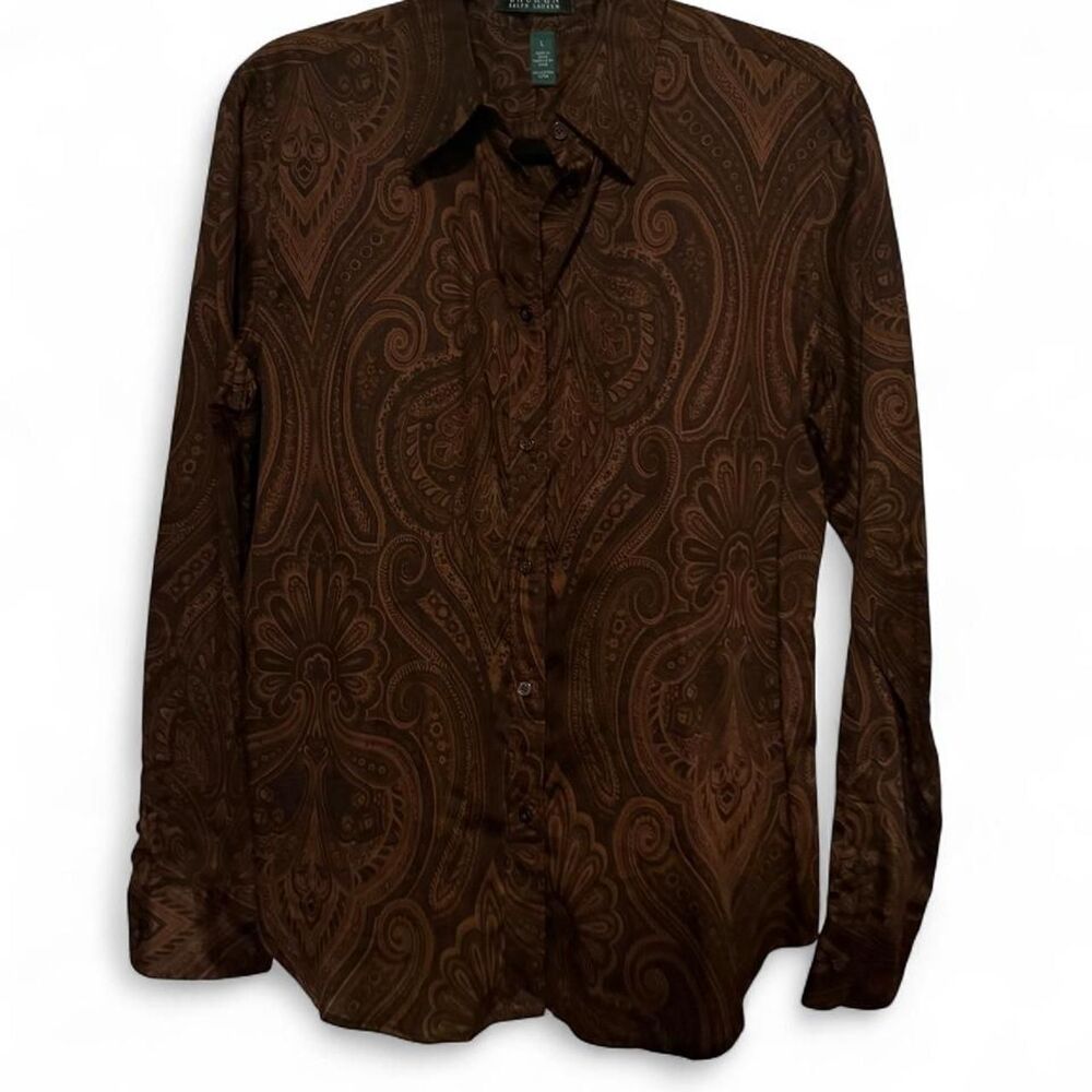 Lauren Ralph Lauren Silk Look Brown Paisley Long Sleeve Blouse Size L